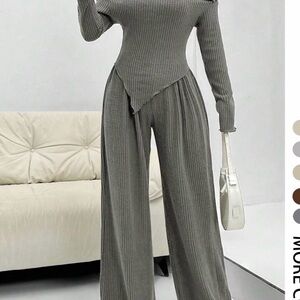 Ribbed Wide-Leg Knit Pants - Gray